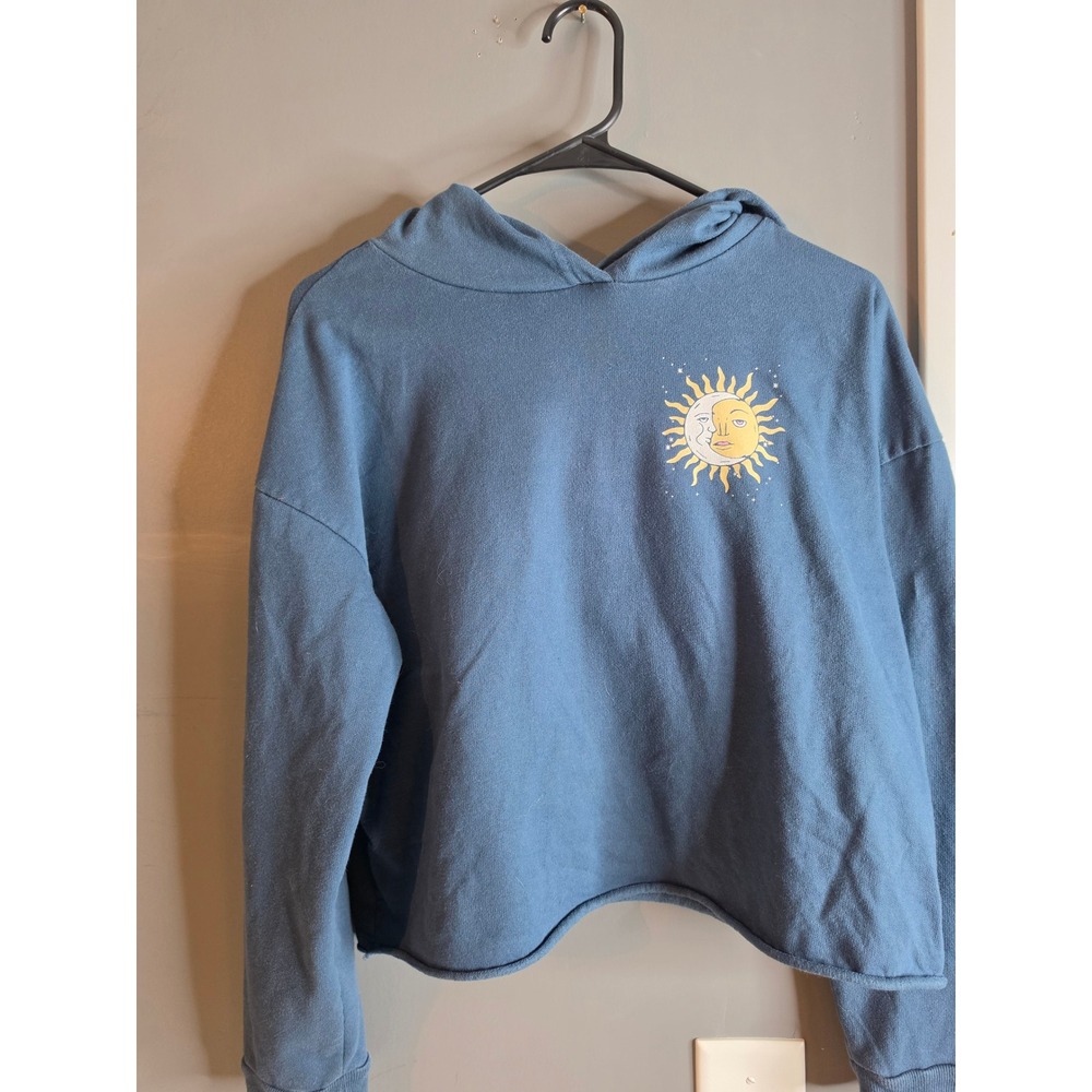 Fifth Sun Blue Cropped Hoodie The Sun & Moon Tarot Card Graphic Floral Large